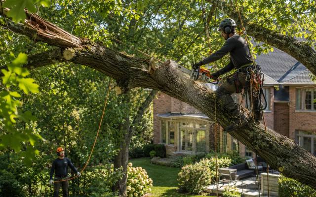 Crew clearing storm-damaged tree limbs from a yard